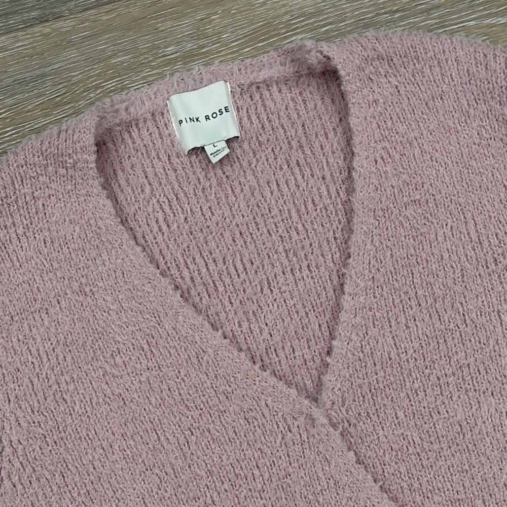Pink Rose Mauve Eyelash Knit Wrap V-Neck Sweater Size Large